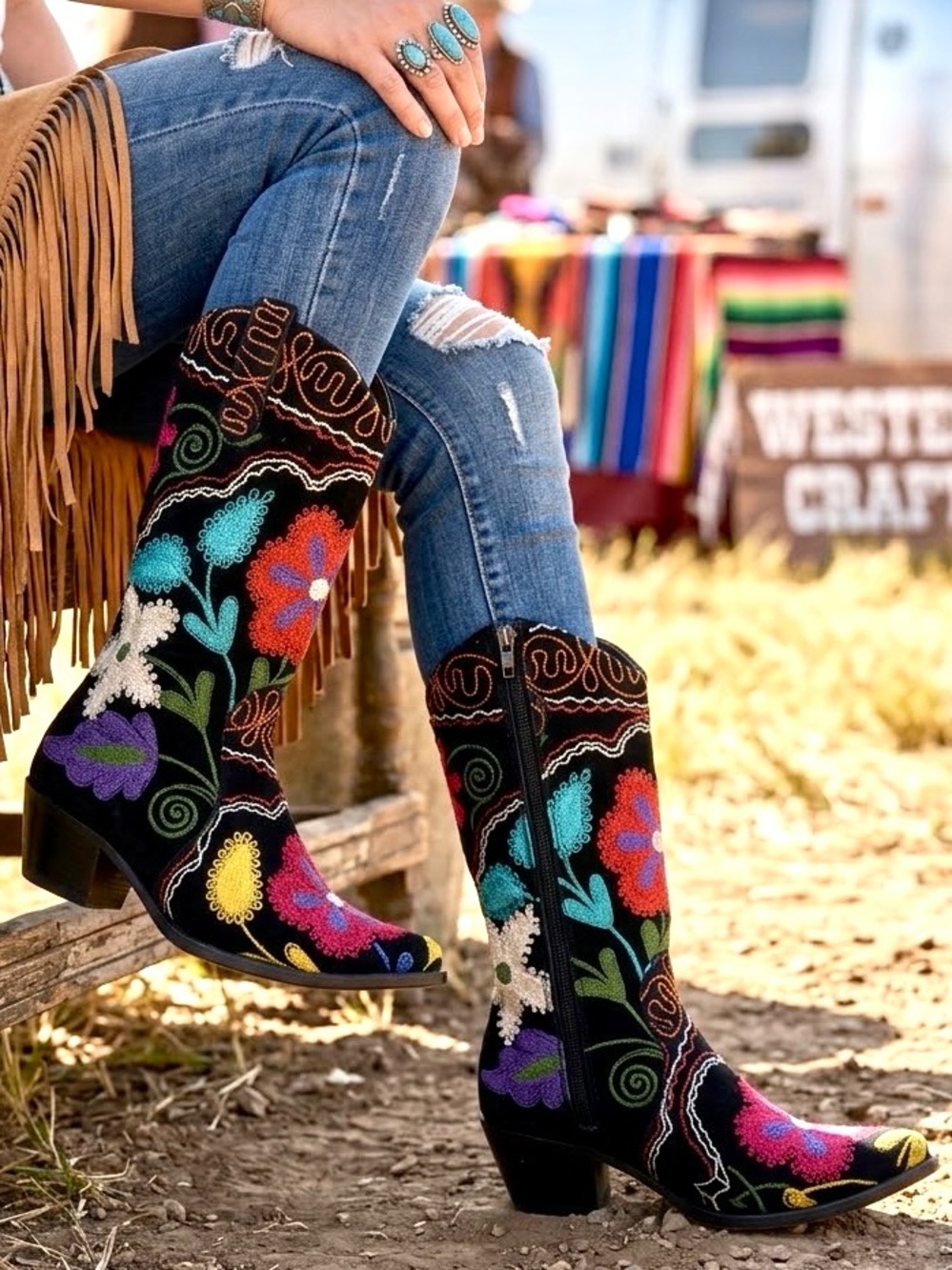Velvet Road Womens Embroidered Cowboy Boot 8,5 Multi Floral Leather Boho Western